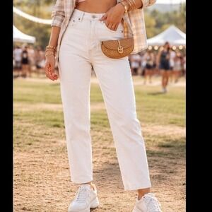 dazy High Waisted White Straight Leg Jeans slim Contrast Stitching Denim Pants